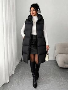 SHEIN Cottnline Plus Zip Up Hooded Puffer Vest Coat - Black - View 4