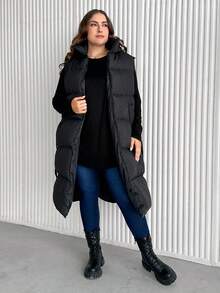 SHEIN Cottnline Plus Zip Up Hooded Puffer Vest Coat - Black - View 6