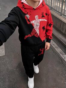 SHEIN 兒童青少年男孩休閒街頭風紮染塗鴉運動圖案圓領連帽長袖衛衣與長褲2件套，適合通勤、上學、日常休閒、運動、旅行、街頭穿搭，秋冬款 - 紅色 - 查看 5
