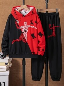 SHEIN 兒童青少年男孩休閒街頭風紮染塗鴉運動圖案圓領連帽長袖衛衣與長褲2件套，適合通勤、上學、日常休閒、運動、旅行、街頭穿搭，秋冬款 - 紅色 - 查看 3