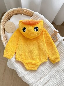 Cozy Pixies Baby Girl Knitted Faux Fur Embroidered Hooded Casual Autumn Winter Romper - Yellow - View 3
