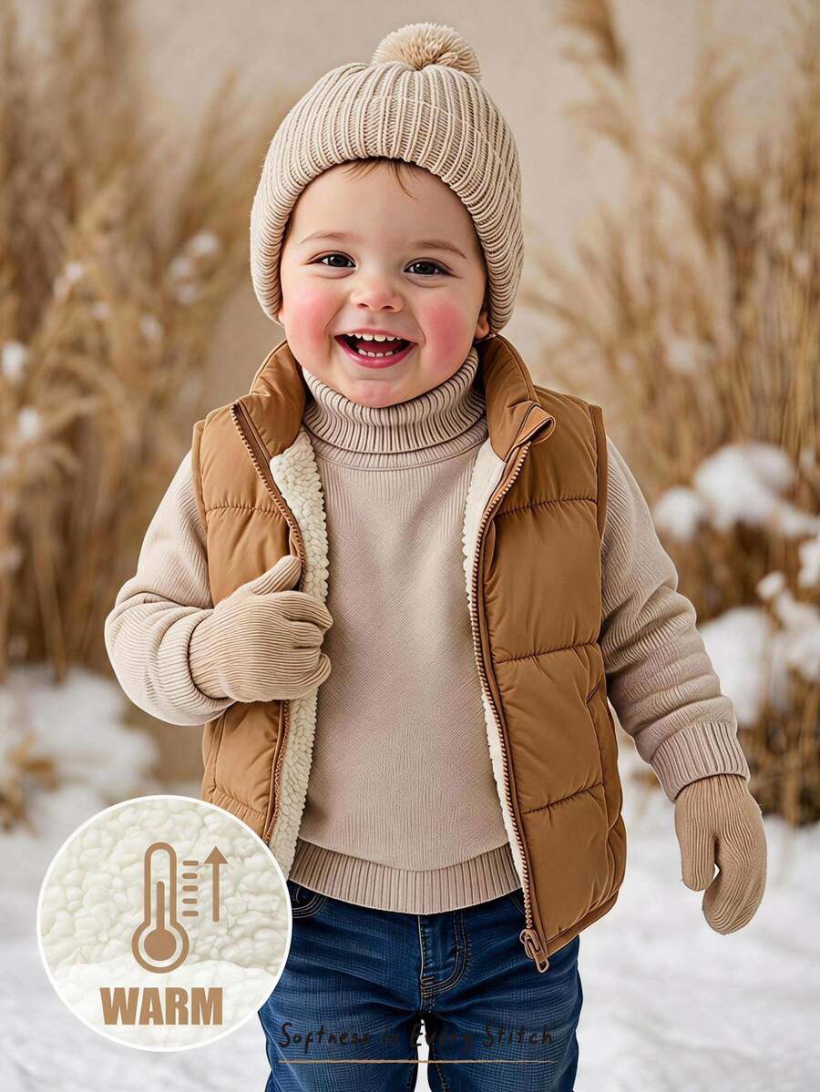 Cozy Pixies Kids Young Boy Solid Color Versatile Comfortable Crew Neck Padded Fleece Lined Vest Winter Jacket - Brown - View 1
