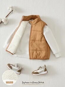 Cozy Pixies Kids Young Boy Solid Color Versatile Comfortable Crew Neck Padded Fleece Lined Vest Winter Jacket - Brown - View 9