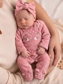 Newborn Baby Girl Cute Autumn/Winter Fluffy Embroidered Pattern Long Sleeve Romper - Pink - View 2