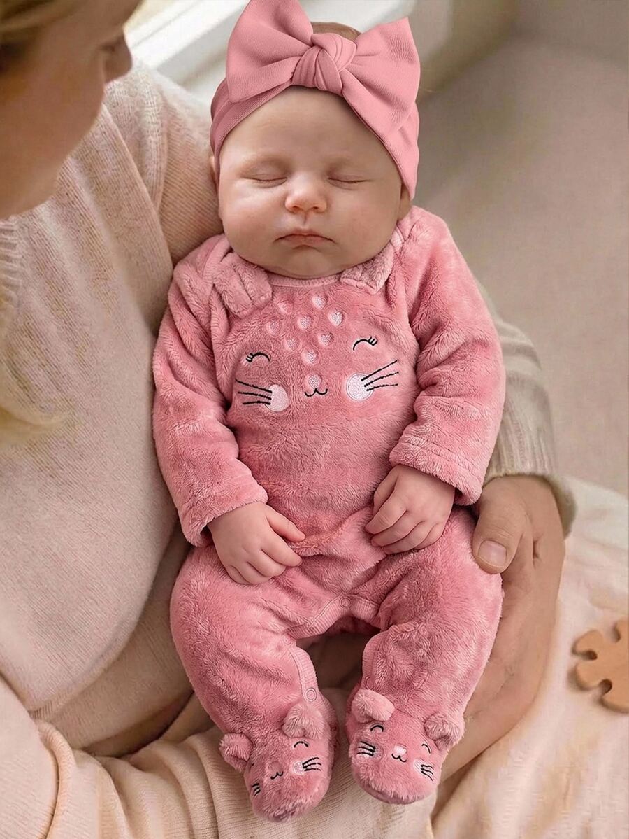 Newborn Baby Girl Cute Autumn/Winter Fluffy Embroidered Pattern Long Sleeve Romper - Pink - View 1