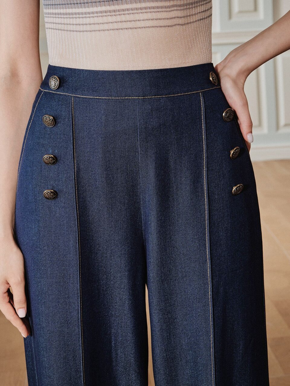 Anewsta Women Plain Navy Blue Straight Leg Long Pants Woven Fabric Elegant With Raw Wash Detail