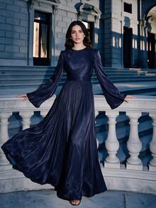 Anewsta Essential Women's Long Sleeve Dress, Elegant Versatile For Commuting, Spring Autumn Dinner Date Navy Blue - Dusty Blue - View 3