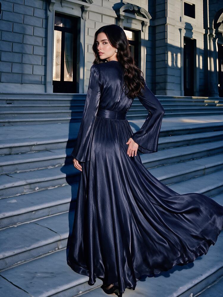Anewsta Essential Women's Long Sleeve Dress, Elegant Versatile For Commuting, Spring Autumn Dinner Date Navy Blue - Dusty Blue - View 2