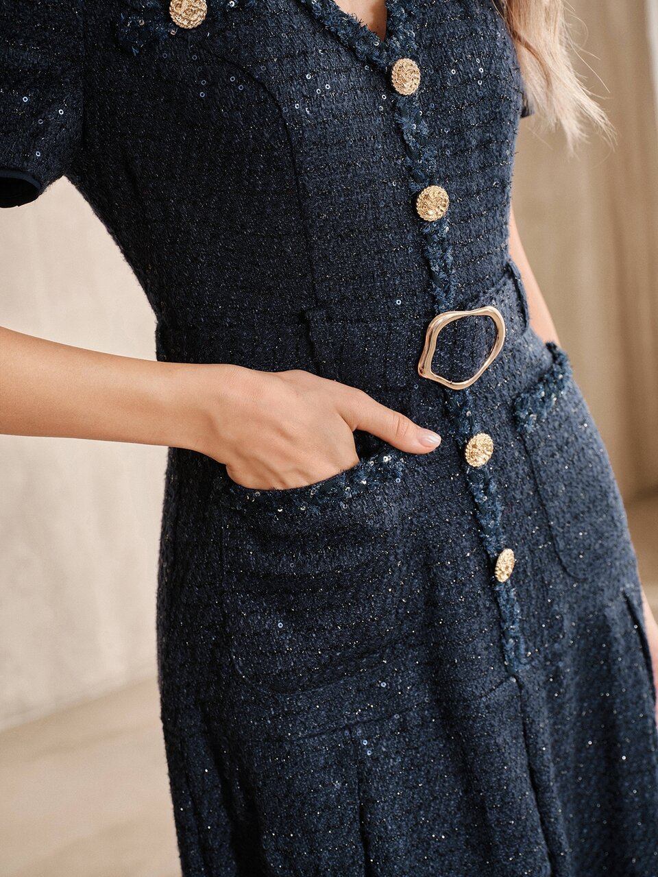 Anewsta Early Summer V-Neck Short Sleeve Elegant French Textured Beaded Sequin Metal Buckle Cinched Waist Long Dress Navy Blue Textured Tweed Fabric
