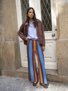 Nöista Wide Leg Stripped Pants With Belt Loops And Side Pockets On The Front And Welt Pockets On The Back, College, Office, Travel, Fall Winter Trousers. - Yellow - View 13