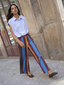 Nöista Wide Leg Stripped Pants With Belt Loops And Side Pockets On The Front And Welt Pockets On The Back, College, Office, Travel, Fall Winter Trousers. - Yellow - View 4
