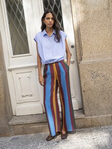 Nöista Wide Leg Stripped Pants With Belt Loops And Side Pockets On The Front And Welt Pockets On The Back, College, Office, Travel, Fall Winter Trousers. - Yellow - View 2