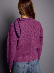 Nöista Sweater Rajut Bergaris dengan Detail Syal. Musim Gugur/Musim Dingin, Berlapis, Nyaman, Sehari-hari, Natal. - Burgundy - View 4