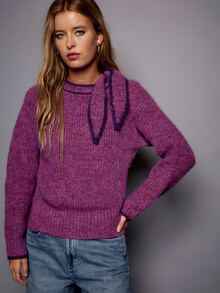 Nöista Sweater Rajut Bergaris dengan Detail Syal. Musim Gugur/Musim Dingin, Berlapis, Nyaman, Sehari-hari, Natal. - Burgundy - View 6