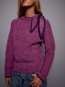 Nöista Sweater Rajut Bergaris dengan Detail Syal. Musim Gugur/Musim Dingin, Berlapis, Nyaman, Sehari-hari, Natal. - Burgundy - View 5