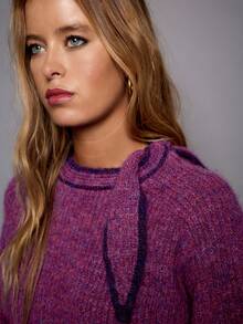Nöista Sweater Rajut Bergaris dengan Detail Syal. Musim Gugur/Musim Dingin, Berlapis, Nyaman, Sehari-hari, Natal. - Burgundy - View 3