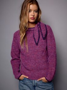 Nöista Sweater Rajut Bergaris dengan Detail Syal. Musim Gugur/Musim Dingin, Berlapis, Nyaman, Sehari-hari, Natal. - Burgundy - View 2