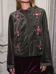 Nöista Women's Floral Embroidered Single-Breasted Vintage Elegant Jacket - Dark Green - View 2