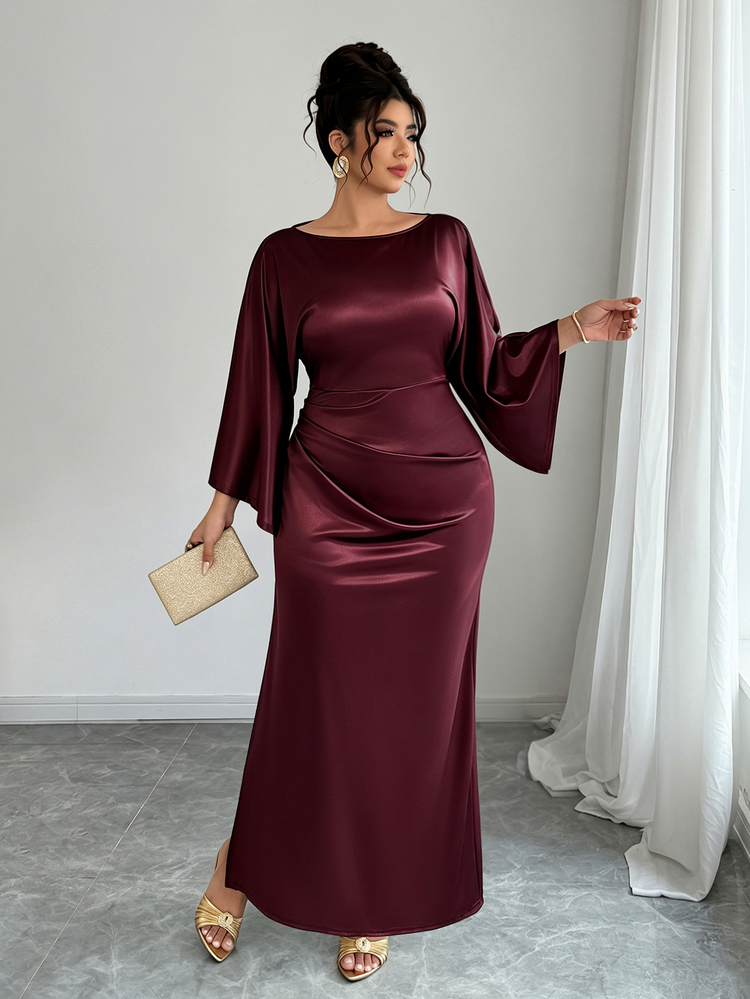 SHEIN LUNE CURVE Plus Solid Bell Sleeve Ruched Waist Tie Back Split Thigh Dress Autumn Wedding Dinner Cocktail Formal Dark Purple Elegant Casual Long Party Fall/Winter - Burgundy - View 5