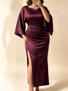 SHEIN LUNE CURVE 大尺碼純色喇叭袖抓皺腰部後綁帶大腿開衩長洋裝 深紫色 優雅休閒 正式禮服 秋季婚禮晚餐雞尾酒派對 秋冬款 - 酒紅色 - 查看 4