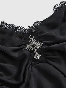 ROMWE Spring/Summer Vintage Palace Gothic Removable Metal Chain Lace-Up Waist Asymmetrical Layered Hem Women Dress - Black - View 4