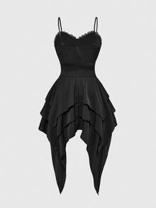 ROMWE Spring/Summer Vintage Palace Gothic Removable Metal Chain Lace-Up Waist Asymmetrical Layered Hem Women Dress - Black - View 2