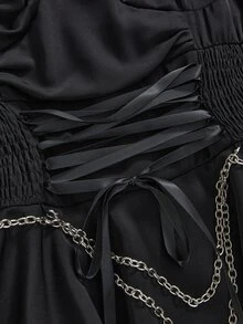 ROMWE Spring/Summer Vintage Palace Gothic Removable Metal Chain Lace-Up Waist Asymmetrical Layered Hem Women Dress - Black - View 5