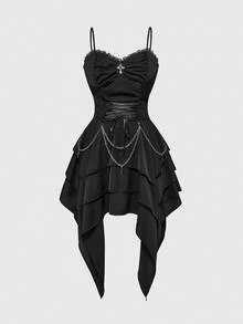 ROMWE Spring/Summer Vintage Palace Gothic Removable Metal Chain Lace-Up Waist Asymmetrical Layered Hem Women Dress - Black - View 1