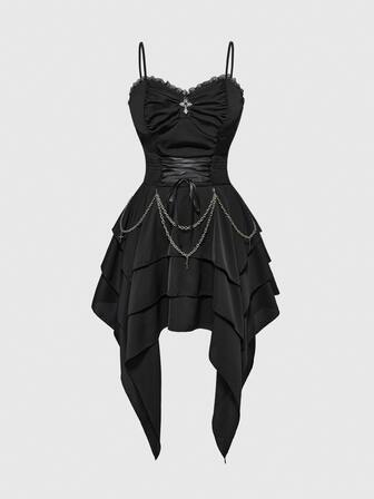 Spring/Summer Vintage Palace Gothic Removable Metal Chain Lace-Up Waist Asymmetrical Layered Hem Women Dress