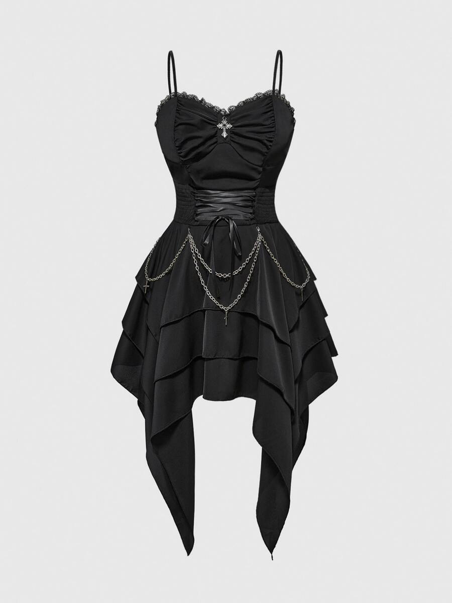 ROMWE Spring/Summer Vintage Palace Gothic Removable Metal Chain Lace-Up Waist Asymmetrical Layered Hem Women Dress - Black - View 1