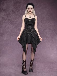 ROMWE Spring/Summer Vintage Palace Gothic Removable Metal Chain Lace-Up Waist Asymmetrical Layered Hem Women Dress - Black - View 3