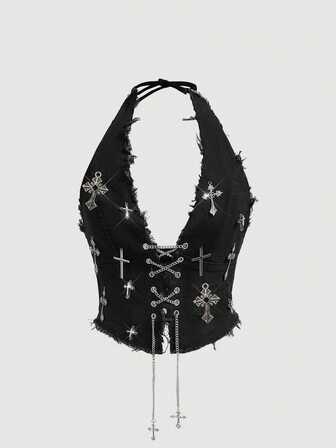 Goth Spring/Summer Women's Retro Dark Cross Halter Neck Sexy Denim Top