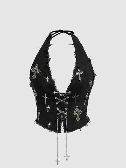 ROMWE Goth ملابس علوية جينز ذات رقبة حلقة عتيقة داكنة وجريئة للنساء