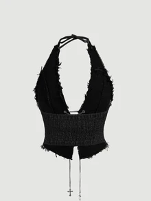 ROMWE Goth Spring/Summer Women's Retro Dark Cross Halter Neck Sexy Denim Top - Black - View 4
