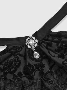 ROMWE Women Vintage Gothic Baroque Style Sheer Mesh Flocked Detachable Ruffle Tie Collar Rhinestone Pendant Lace-Up Frill Sleeves Black Blouse - Black - View 4