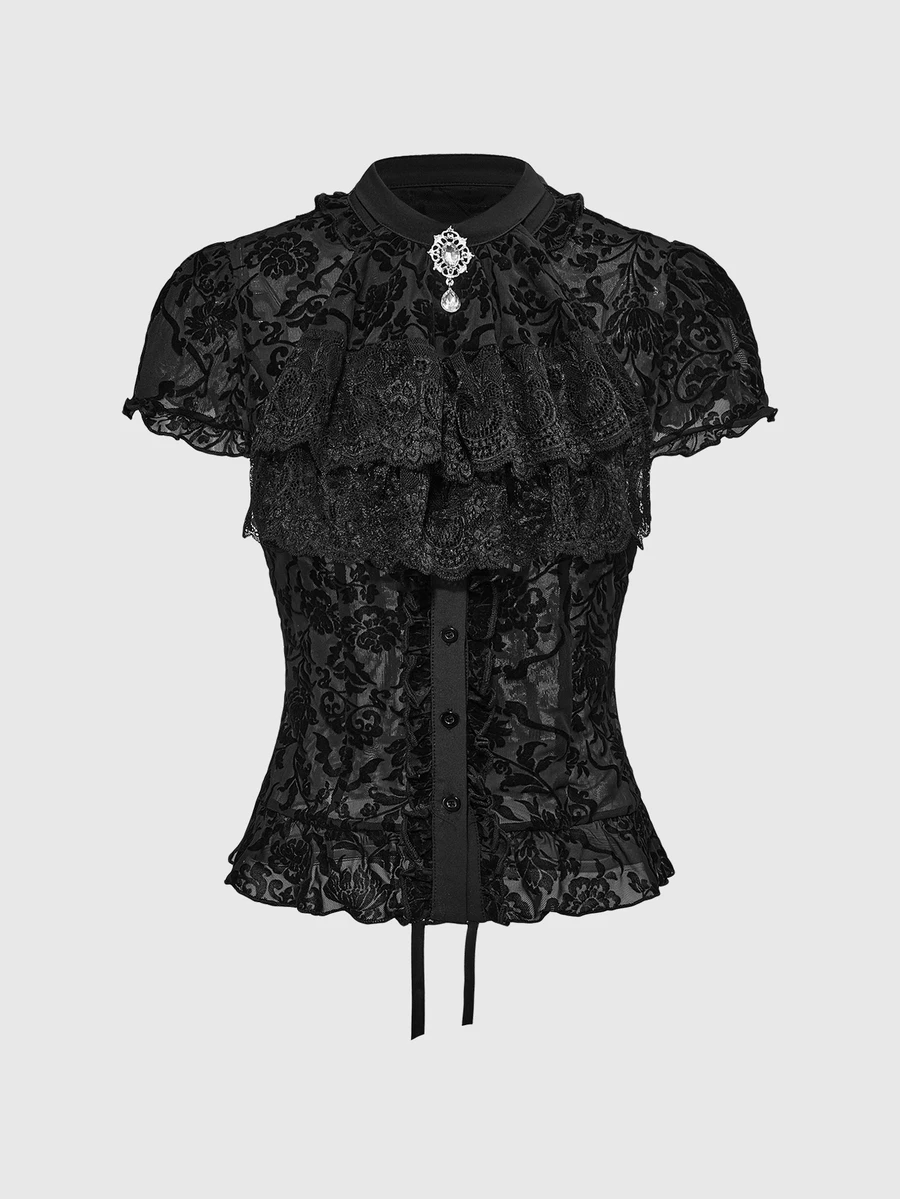 ROMWE Women Vintage Gothic Baroque Style Sheer Mesh Flocked Detachable Ruffle Tie Collar Rhinestone Pendant Lace-Up Frill Sleeves Black Blouse - Black - View 1