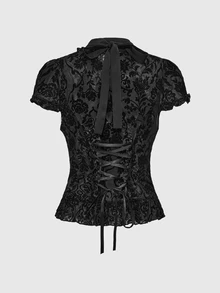 ROMWE Women Vintage Gothic Baroque Style Sheer Mesh Flocked Detachable Ruffle Tie Collar Rhinestone Pendant Lace-Up Frill Sleeves Black Blouse - Black - View 2