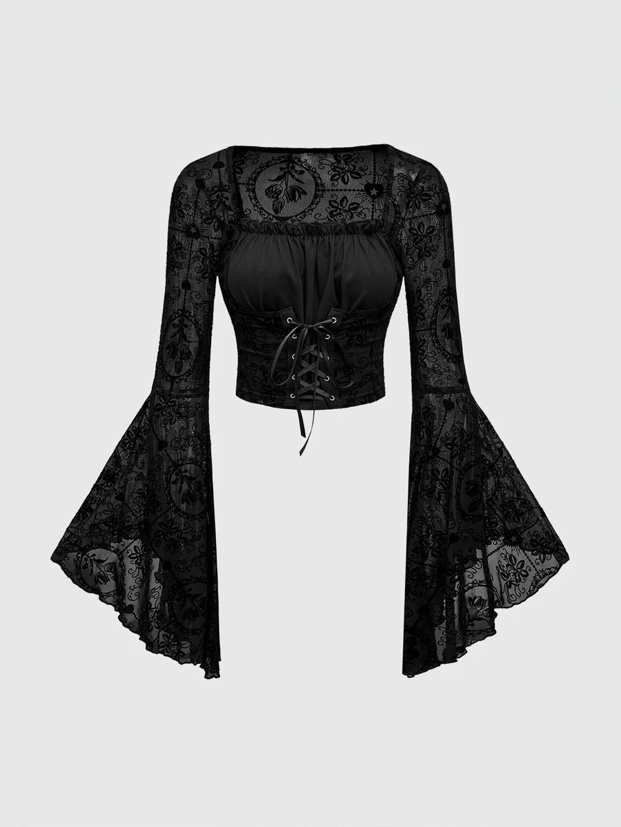 ROMWE Spring Luxury Black Gothic Palace Style Halloween Party Women's Velour Cross & Flower Pattern Mesh Insert Lace-Up Waist Top - Black - View 1