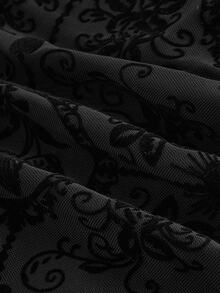 ROMWE Spring Luxury Black Gothic Palace Style Halloween Party Women's Velour Cross & Flower Pattern Mesh Insert Lace-Up Waist Top - Black - View 5
