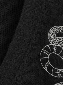 ROMWE Valentine's Day Graphic Black Gothic Snake & Crescent Moon Embroidered V-Neck Loose Plus Size Cardigan, For Winter - Black - View 6