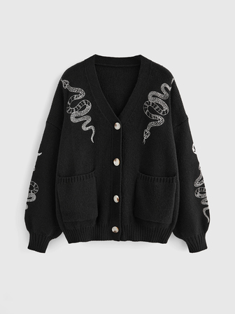 Goth Cardigan oversize con scollo a V, ricamato con motivi di serpente e mezzaluna, adatto per l'inverno, taglie comode