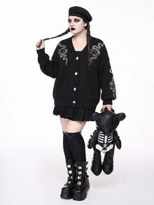 ROMWE Valentine's Day Graphic Black Gothic Snake & Crescent Moon Embroidered V-Neck Loose Plus Size Cardigan, For Winter - Black - View 3