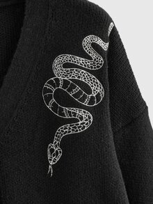 ROMWE Valentine's Day Graphic Black Gothic Snake & Crescent Moon Embroidered V-Neck Loose Plus Size Cardigan, For Winter - Black - View 4