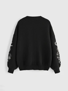 ROMWE Valentine's Day Graphic Black Gothic Snake & Crescent Moon Embroidered V-Neck Loose Plus Size Cardigan, For Winter - Black - View 2