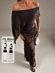 SHEIN Tall Women's Off-Shoulder Ribbon Design Jacquard Slim Fit Elegant Dress - Coffee Brown - View 1