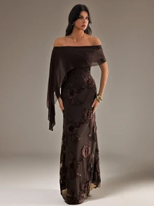 SHEIN Tall Women's Off-Shoulder Ribbon Design Jacquard Slim Fit Elegant Dress - Coffee Brown - View 4