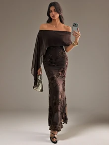 SHEIN Tall Women's Off-Shoulder Ribbon Design Jacquard Slim Fit Elegant Dress - Coffee Brown - View 6