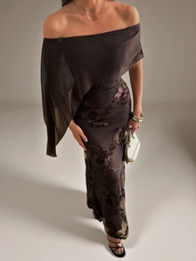 SHEIN Tall Women's Off-Shoulder Ribbon Design Jacquard Slim Fit Elegant Dress - Coffee Brown - View 7