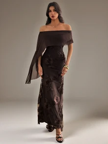 SHEIN Tall Women's Off-Shoulder Ribbon Design Jacquard Slim Fit Elegant Dress - Coffee Brown - View 5