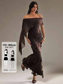 SHEIN Tall Women's Off-Shoulder Ribbon Design Jacquard Slim Fit Elegant Dress - Coffee Brown - View 3